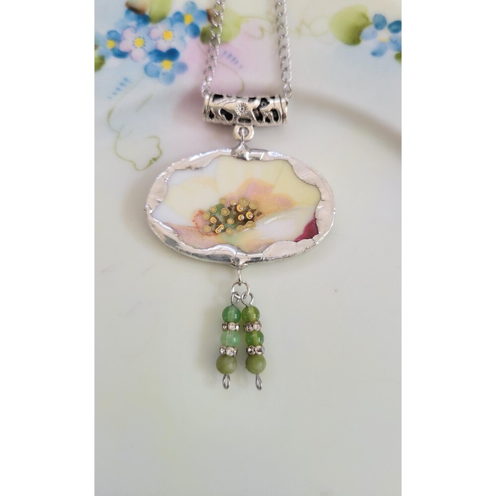 Broken China Antique Porcelain Soldered Pendant Necklace with Onyx Beads